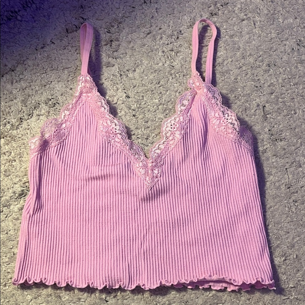 Pink Ribbed Lace-Trim Cami Top - Women